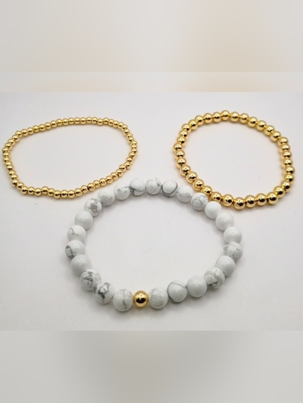 Men's White Howlite & Gold Beaded Bracelet Set